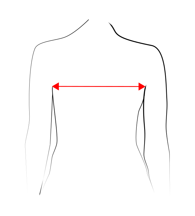 Schematische Zeichnung, wo die Rückenbreite zu messen ist. ein roter Doppelpfeil zwischen dem rechten und linken Armansatz zeigt die Messstrecke