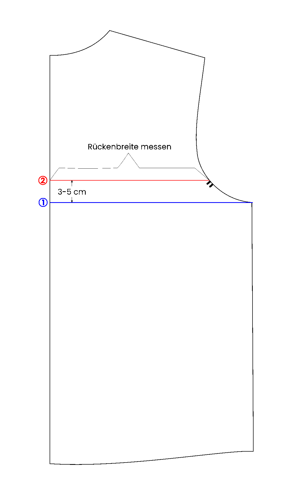 Schematische Zeichnung, wie ich die Rückenbreite an einem Schnittteil messe.