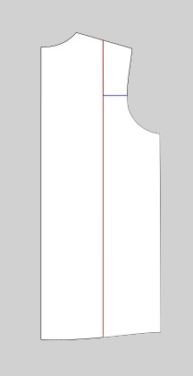 Rückenteil mit den eingezeichneten Schnittlinien. Die erste Linie verläuft längs von der Schulter zum Saum, parallel zur hinteren Mitte. Die zweite Linie verläuft im 90 Grad Winkel zur ersten Linie, von Mitte des Armlochs bis zu Schneidelinie 1.
