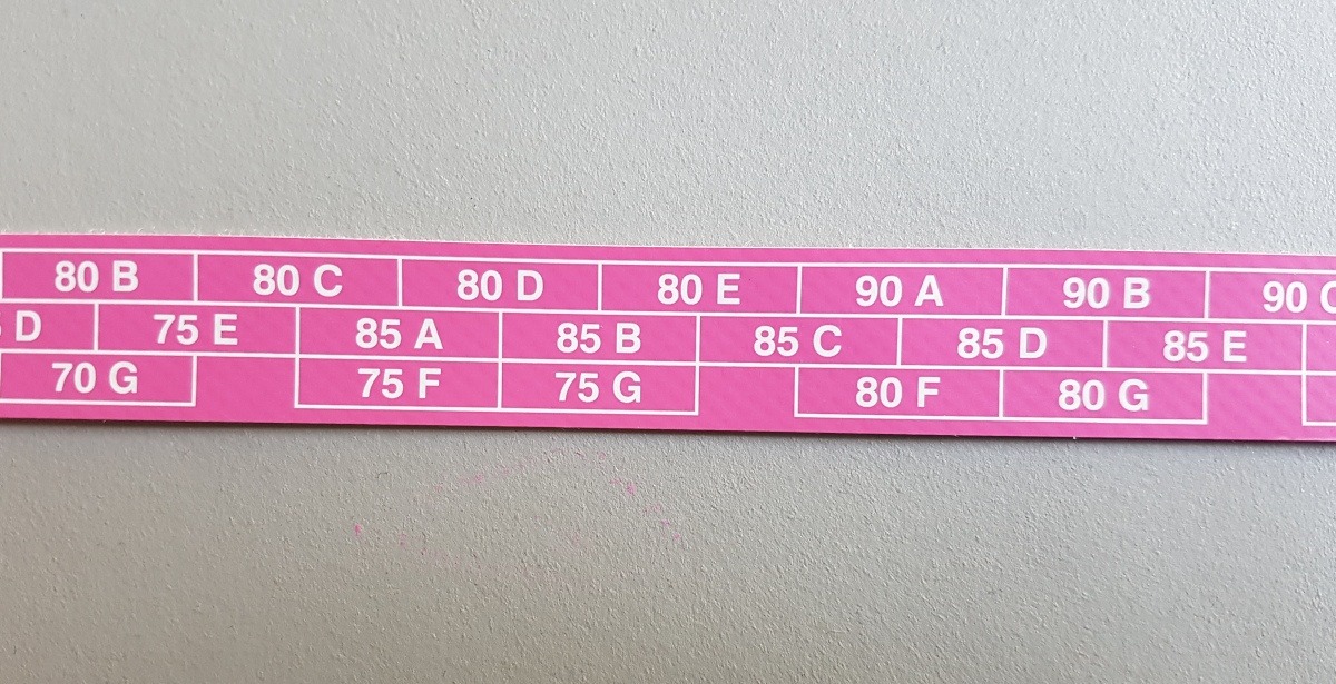 die zweite Seite des Maßbands: Dor stehen die Unterbrustweiten mit den Cup-Buchstaben.